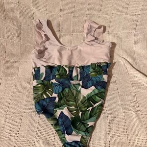 SHEIN Green and Blue Leaf Print One Piece Swimsuit